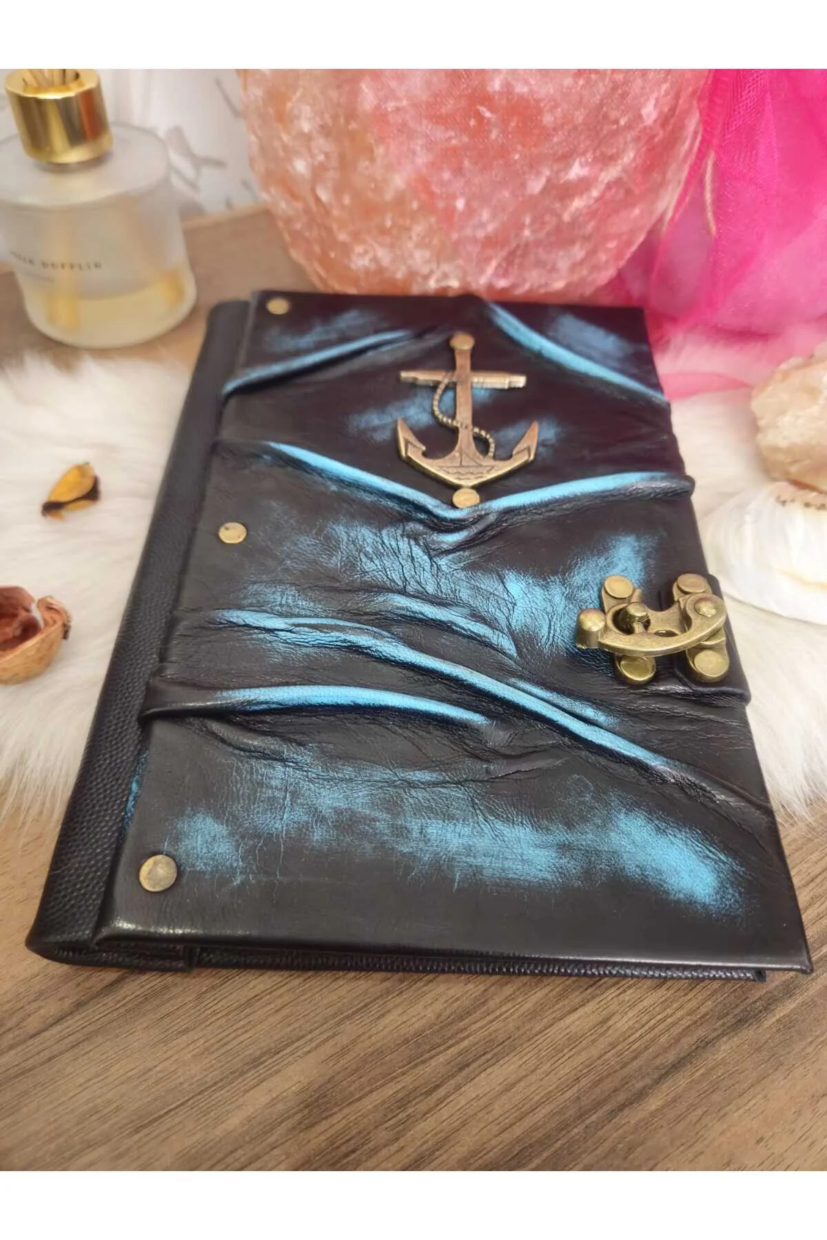 Çapa Hakiki Deri Italyan Baskili Özel Desen Deniz Mavisi Efektli El Yapımı Defter