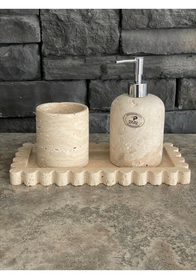 Dekoratif Tepsili Traverten 3'lü Banyo Takımı Beyaz