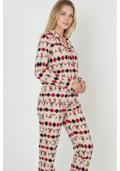 Luxury Soft Ekru Desenli Uzun Kollu Kadın Pijama Takımı 3028 Ekru