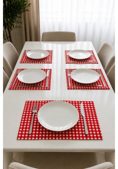 Kareli Amerikan Servis 6'lı Set 35x45 Cm Kırmızı Petibör Tabak Altlığı Su İtici Masa Altlığı