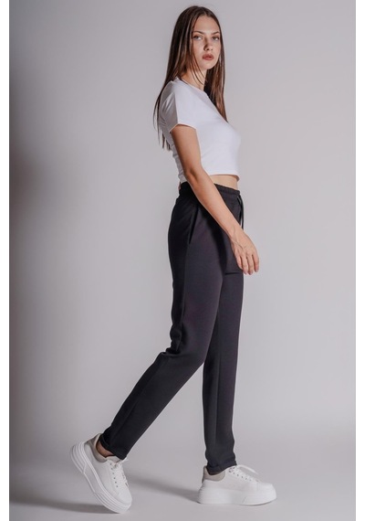 Braccas Kadın Yandan Cepli Beli Lastikli Duble Paça Kordonlu Slim Fit Jogger Pantolon Siyah Siyah