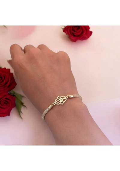 Leyla İsmine Özel Hasır Kordonlu Hamsa Motifli 14 Ayar Altın Plakalı Hediye Bileklik-499isim Leyla