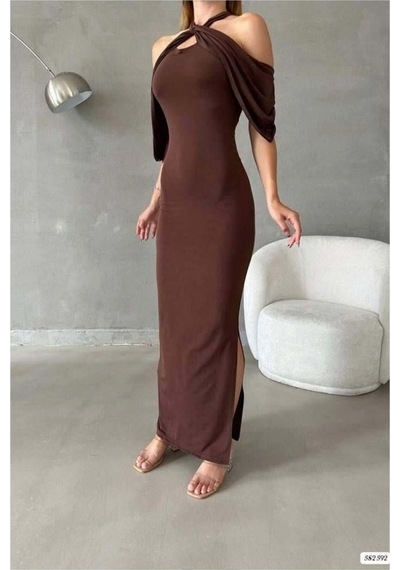Store Simli Dekolteli Elbise Kumaş Askılı Mor - 935908762 Mor