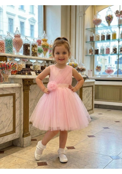 Butikhappykids Kız Çocuk Pembe Volanlı Tüllü Çiçek Detaylı Abiye Elbise 1-5 Yaş Pembe
