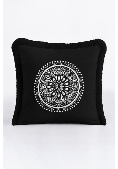 Mandala Motifli Saçaklı Yastık Kılıfı - Bohem Siyah Beyaz Püsküllü Kırlent Kılıfı Orman Nane Yeşili
