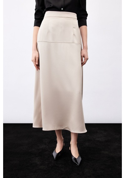 Sateen Yüksek Bel Saten Etek - Vizon-136787 Vizon