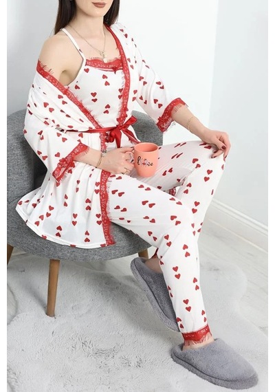 Seka Store Seka Milan Kumaş 3'lü Pijama Set Beyazkırmızı - 50147.1857. Çok Renkli