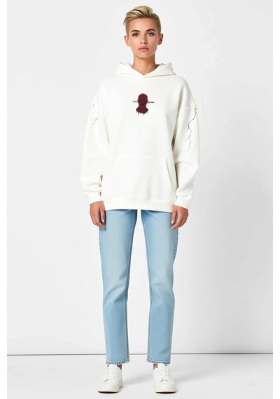 Ersefa Kadın Üç İplik Oversize Kapüşonlu Sweatshirt Maske Grafikli Arka beyaz