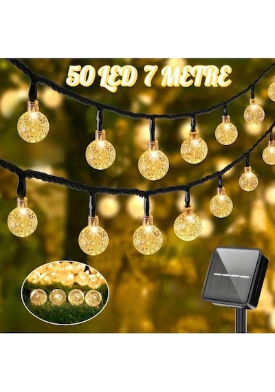 Güneş Enerjili 50 Led 7 Metre Günışığı Sarı Renk Dış Mekan Bahçe Teras Ağaç Led Işık 8 Modlu Sarı Günışığı