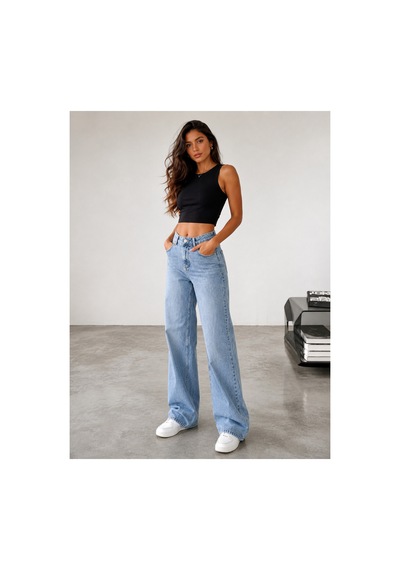 Kene Jeans Buz Kar İşlemli Yüksek Bel Arka Cep Kurdele Detaylı Kot/denim Pantolon Buz Kar