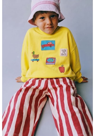Magu Erkek Çocuk Baskılı Sarı Sweatshirt Ve Kırmızı Çizgili Eşofman Takımı Çok Renkli