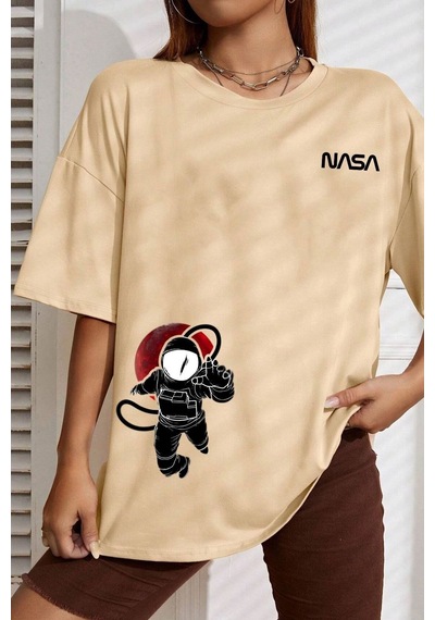 Flood Of Style Unisex Nasa Baskılı T-shirt Bej