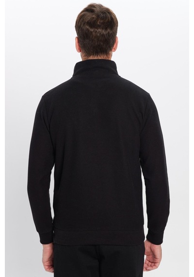 Tudors Unisex Relax Fit Rahat Kesim Pamuklu Yarım Fermuarlı Siyah Dik Yaka Sweatshirt-31973 Siyah