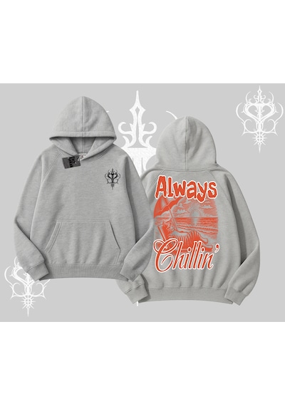 Always Chillin Kedi Arka Baskılı Kapşonlu Sweatshirt Gri