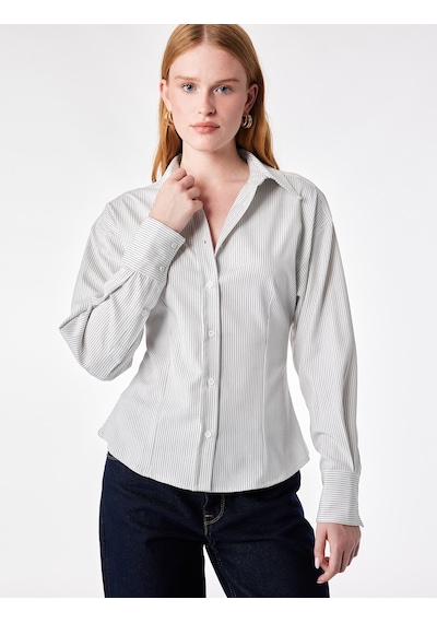 Koton Klasik Yaka Slim Fit Çizgili Uzun Kollu Gömlek Ekru Çizgili 7wak60189pw