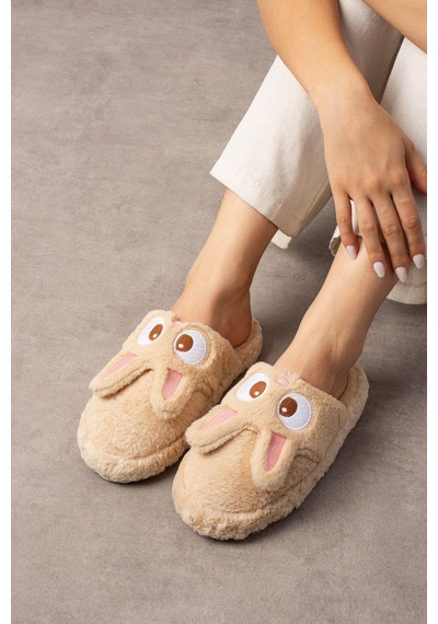 My Tavşan Nakışlı Kadın Ev Terliği Peluş Terlik Çeyiz Ve Bohça Terliği Ses Yapmaz Kalın Taban Camel