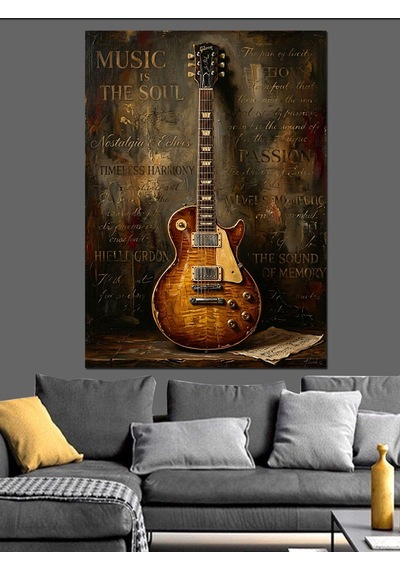 Paslı Duvarda Klasik Elektro Gitar Dekoratif Kanvas - Mdf Ahşap Tablo