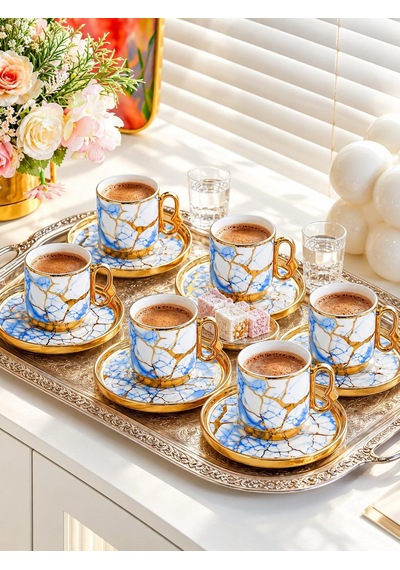 Valkyrie 12 Parça 6 Kişilik 80 Ml Türk Kahvesi Fincan Takımı Mavi Gold Mermer Desenli K653 Mavi