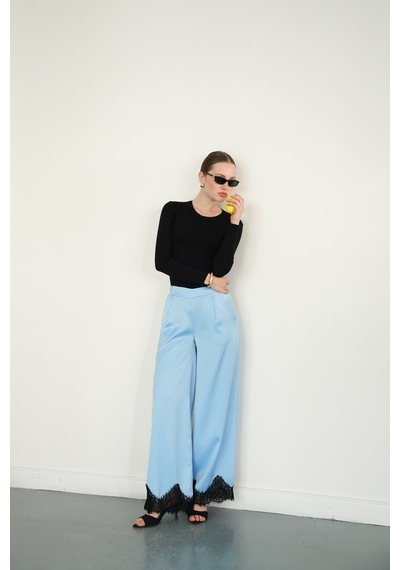 Verymoda Paçası Dantelli Saten Pantolon D2969 Mavi