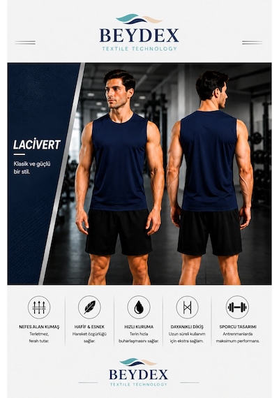 Beydex Erkek Nem Emici Hızlı Kuruma Atletik Teknik Sporcu Sıfır Kol T-shirt Gym Lacivert