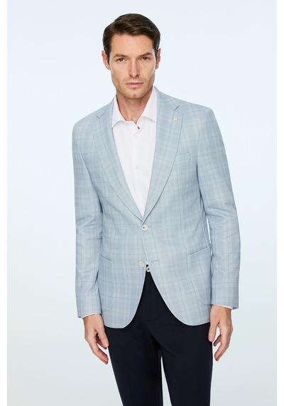 Morven Erkek Mavi Polyester Trend Ekoseli Slim Fit Mono Yaka Ceket 26ms002019300 Mavi