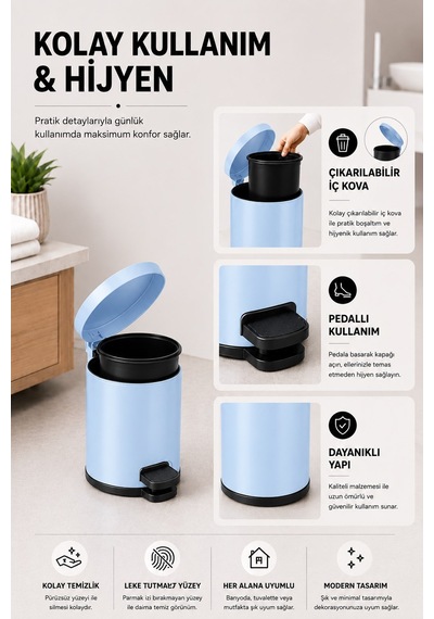 Sas Haus Pedallı Çöp Kovası 3 Litre İç Kovalı Kapaklı Tuvalet Fırçalı Banyo Seti Krom - Titan 7103 Mavi