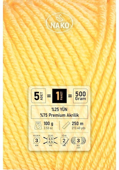 Elit Baby - 2857 Sarı - 5'li Paket - 100gr/250m - Bebek İpi - Anti Pilling Tüylenmez İp