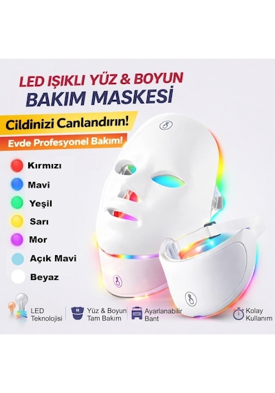 Yüz Ve Boyun Güzellik Cihazı Led Yüz Maskesi Foton Maskesi 7 Renkli Cilt Bakım