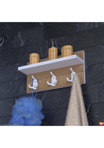 Modilayn Kedi Serisi 3 Lü Banyo Askısı Seti: 31,4x18 Cm, 9 Kancalı Raflı Düzenleyici. Beyaz