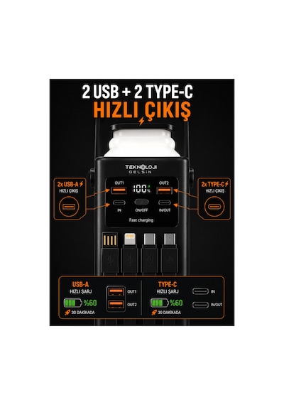30.000 Mah Powerbank 22.5w Hızlı Şarj Lcd Ekran 4 Çıkış 4 Kablo Kamp Işıklı Taşınabilir Batarya Siyah