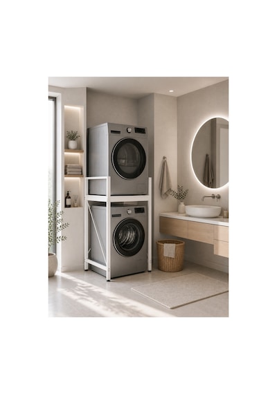 Lifos Beyaz Raflı Çamaşır Makinesi Dolabı Kurutma Makinesi Dolabı Metal Banyo Dolabı