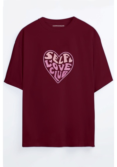 Self Love Club Kalp Baskılı Bordo - Mavi Oversize T-shirt Bordo