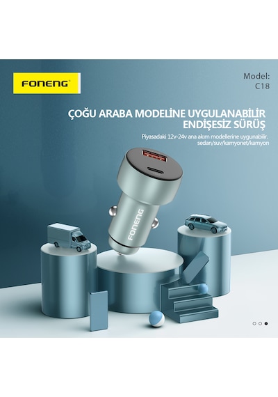 Foneng C18 48W 1xUsb 1xType-C Giriş Dijital Göstergeli Araç içi Çakmaklık Şarj Aleti
