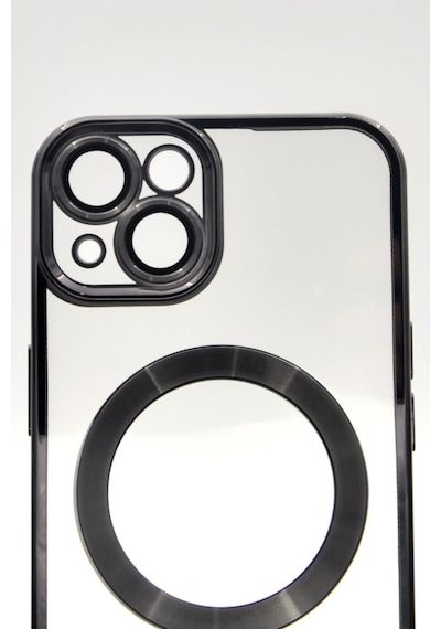 Apple Uyumlu iPhone 14 Magsafe Özellikli Siyah Renkli Kenarlı Lazerli Şeffaf Kılıf Lens Korumalı