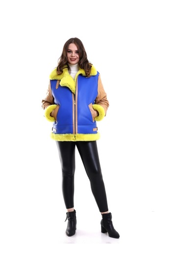 Ertaştrendstore Kadın Premium Doğal Koyun Derisi Pilot Kürk - Sarı Çok Renk