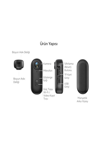 Wifi Spor Kamera 1080p Full Hd, 30m Su Geçirmez Kılıf, 120 Geniş Açı Lens, Manyetik Mini Aksiyon Kamera, Type-c, Siyah, 63x28x18 Mm