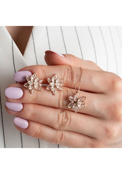 925 Ayar Lotus Çiçeği Gümüş Kolye Küpe Set