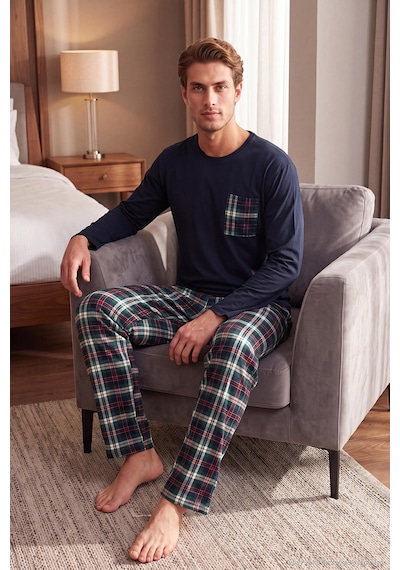 Buratti Ekoseli Cepli Beli Lastikli % 100 Pamuk Regular Fit Pijama Takımı Erkek Pijama Takımı 6572001 Koyu Lacivert