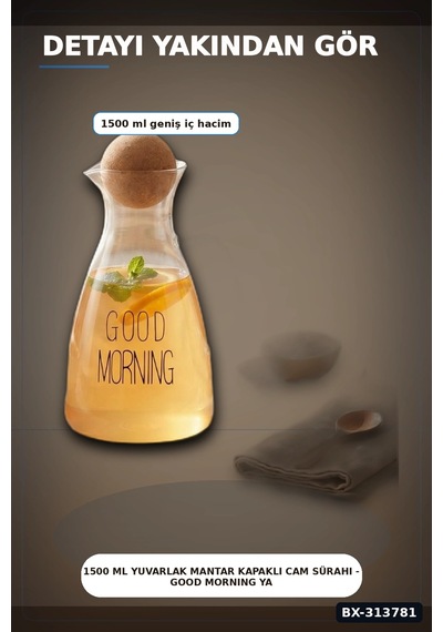 1500 Ml Yuvarlak Mantar Kapaklı Cam Sürahi - Good Morning Yazılı - Bulaşık Makinesi Uyumlu Bx-313781 Diğer