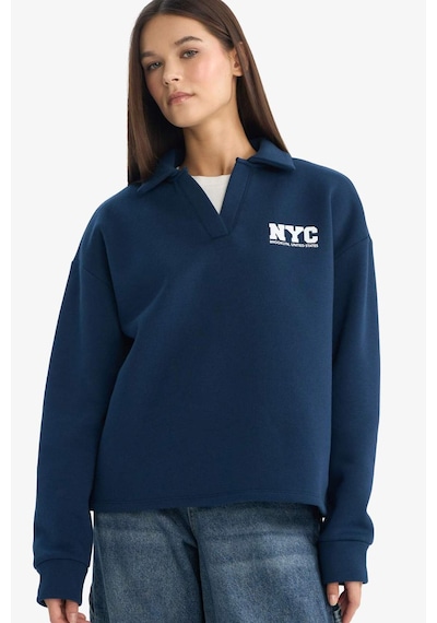 Defacto Coool Oversize Geniş Kalıp Polo Yaka Baskılı Sweatshirt G3721ax25wnnv248 Lacivert-nv248