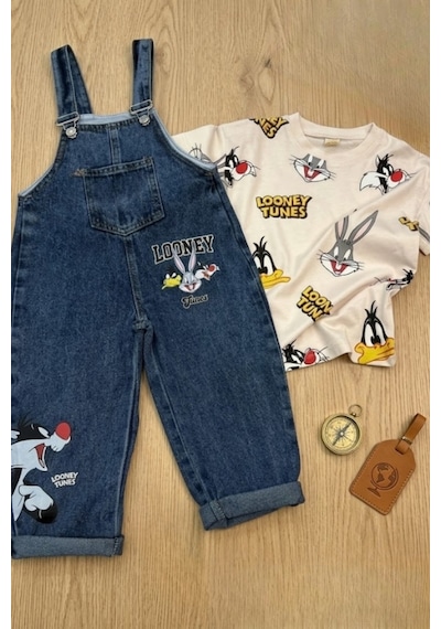 Nota Kids Baskılı Çocuk Kot Salopet Trend 2 Parça Kombin 3-6 Yaş Çok Renkli