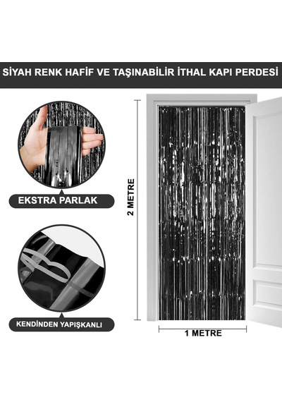 Mey İthalat Siyah Renk Ekstra Metalize Parlak Saçaklı Arka Fon Perde İthal A Kalite 1x2 Metre