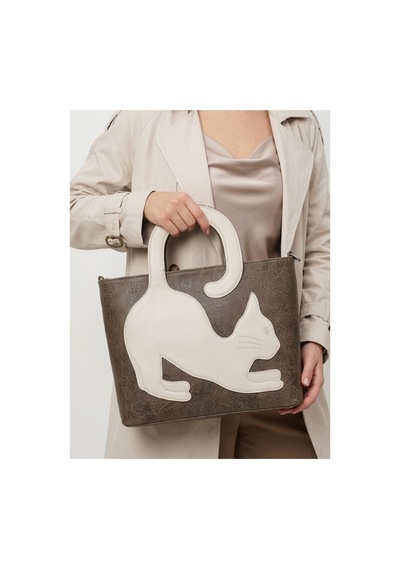 Levano Leather Hakiki Dana Derisi Premium Kedi Figürlü Kadın El Ve Omuz Çantası Kahverengi