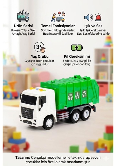 Sesli Işıklı Çöp Kamyonu - Minik Şoförlerin Favorisi 28 Cm Eğitici Eğlenceli Oyuncak