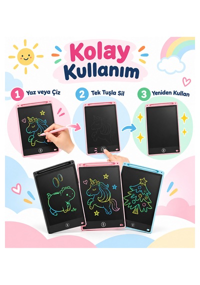 20 İnç Lcd Yazı Ve Çizim Tableti Renkli Ekranlı Tek Tuşla Silme Kalemli Çocuk Not Ve