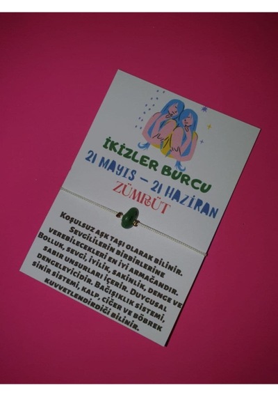Gümüştel El Sanatları Sertifikalı Ikizler Burcu Zümrüt Doğal Taşlı Ip Burç Bilekliği Çok Renkli
