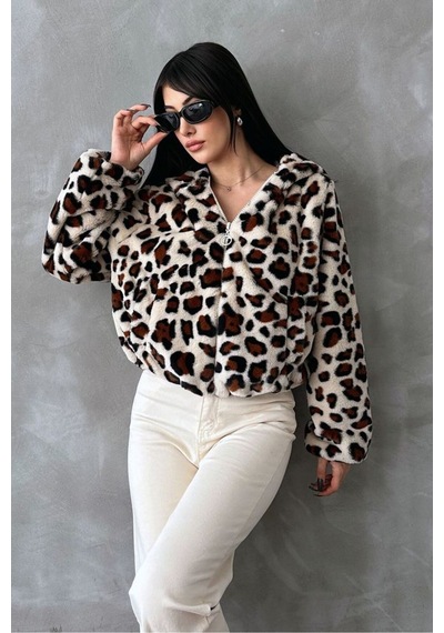 Verymoda Leopar Baskılı Peluş Mont F1654 Açık Taş Leopar