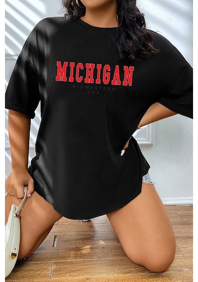 Unisex Michigan Baskılı T-shirt Siyah