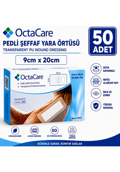 Octacare Su Geçirmez Pedli Şeffaf Pu Film Steril Yara Örtüsü 9cm 20cm 50 Adet
