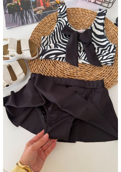 Minigimin Cicileri Zebra Desenli Volan Etekli Kız Çocuk 2 Li Mayo Bikini Takımı ... Siyah
